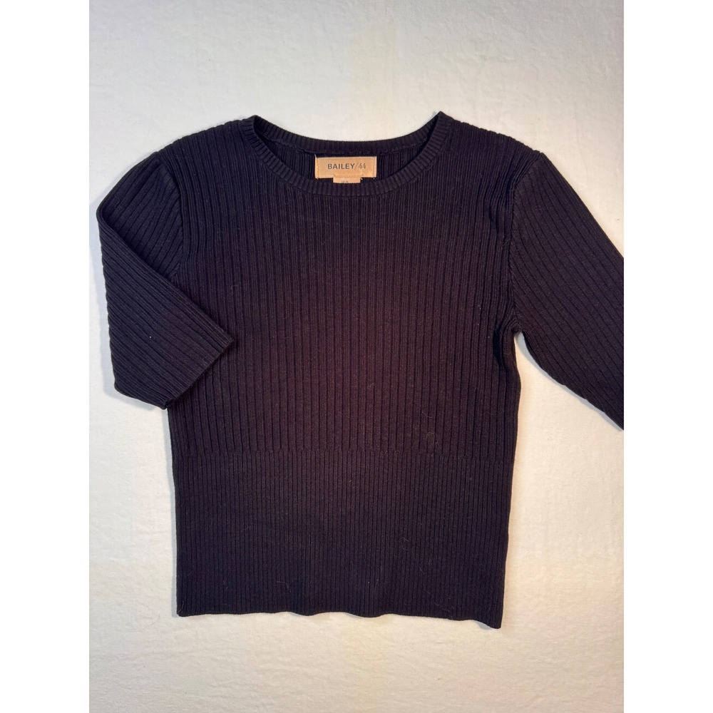 Bailey 44 Womens Ribbed Knit Elbow Sleeve Crew Neck Top Black Size M